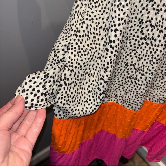 Leopard Colorblock Tiered Midi Dress SzM Flutter Sleeves Boho‎ Peasant c - Picture 8 of 13
